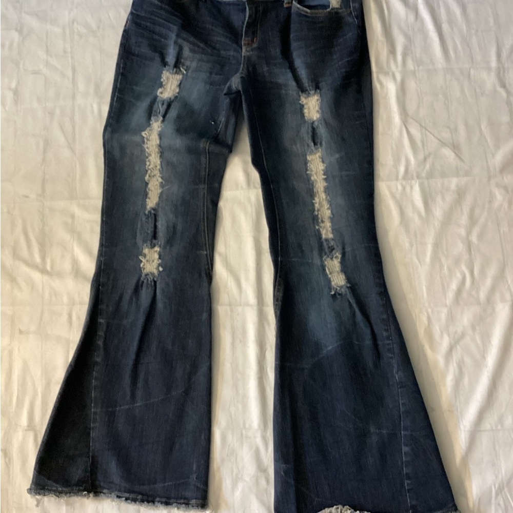 Dark Blue Distressed Flare Wide Leg.Jeans